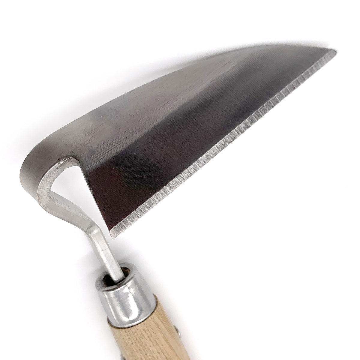 A garden hand hoe with an ash wood handle, genuine leather strap, and a stainless steel head.